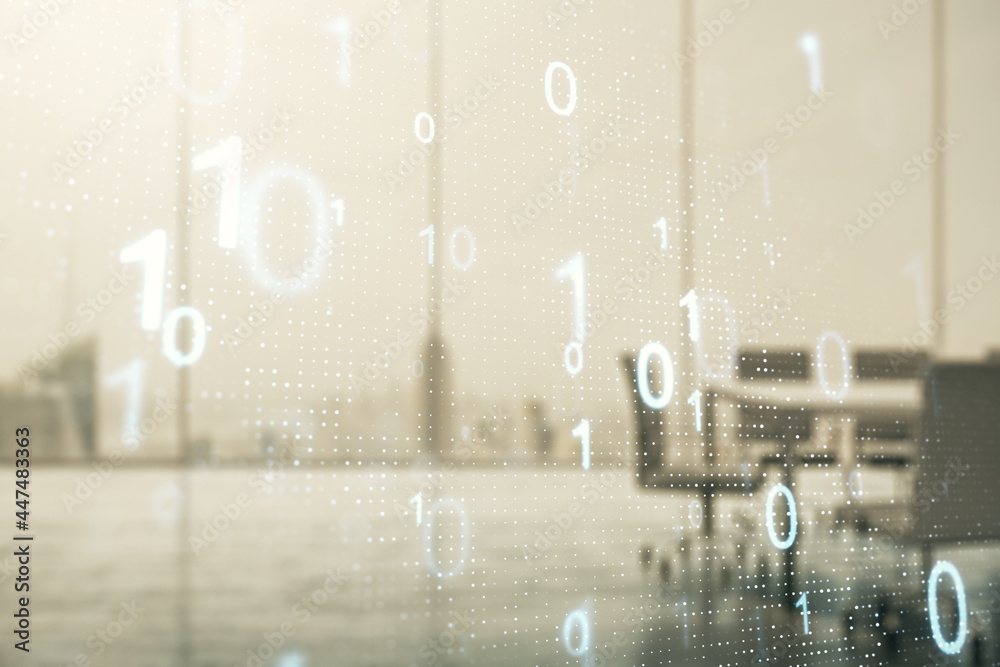 Poster abstract virtual binary code sketch on a modern boardroom background, hacking and matrix concept. mu