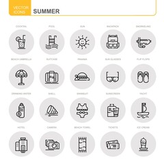 Summer. Set of vector, linear icons. The set includes badges such as hotel, yacht, beach umbrella and others.
