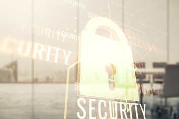 Virtual creative lock sketch with chip hologram on a modern boardroom background, protection of...