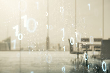 Abstract virtual binary code sketch on a modern boardroom background, hacking and matrix concept. Multiexposure