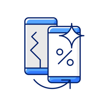 recommend clip art: Old phone replacement RGB color icon. Old malfunction device return. Mobile phone exchange. Damaged telephone trade-in offer. Isolated vector illustration. Simple filled line drawing