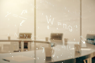 Scientific formula hologram on a modern boardroom background, research concept. Multiexposure