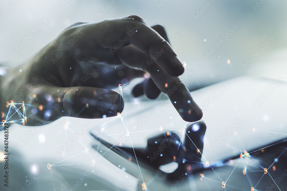 Aufkleber double exposure of technology hologram and finger clicks on a digital tablet on background. research