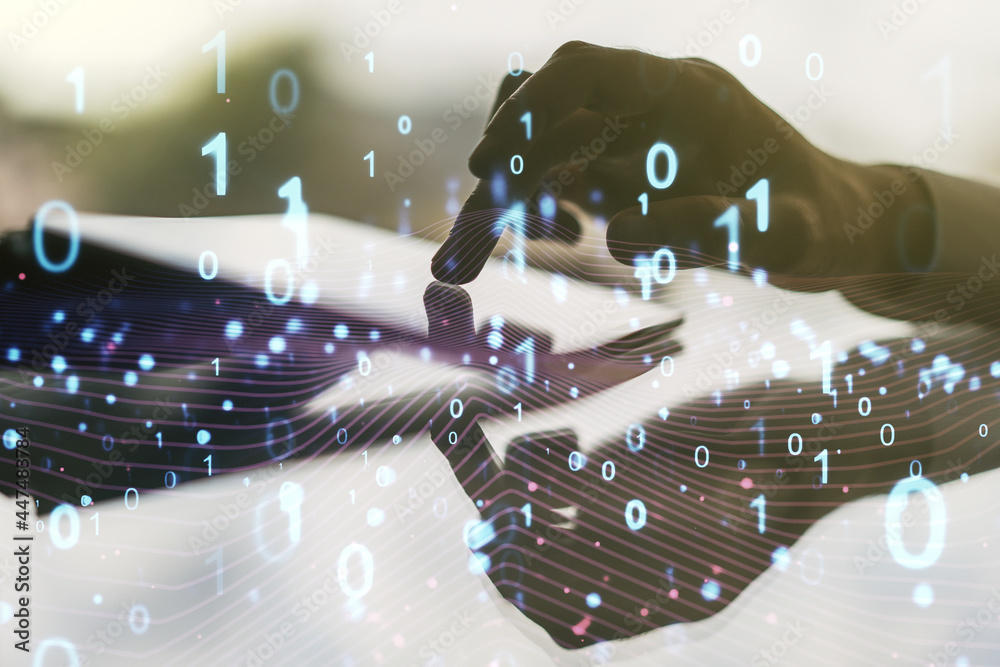 Aufkleber creative abstract binary code hologram and finger presses on a digital tablet on background, ai and 