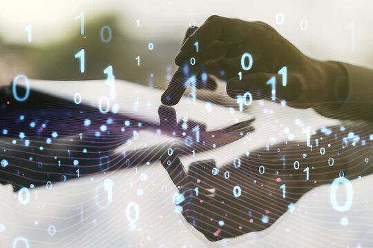 Creative abstract binary code hologram and finger presses on a digital tablet on background, AI and machine learning concept. Multiexposure