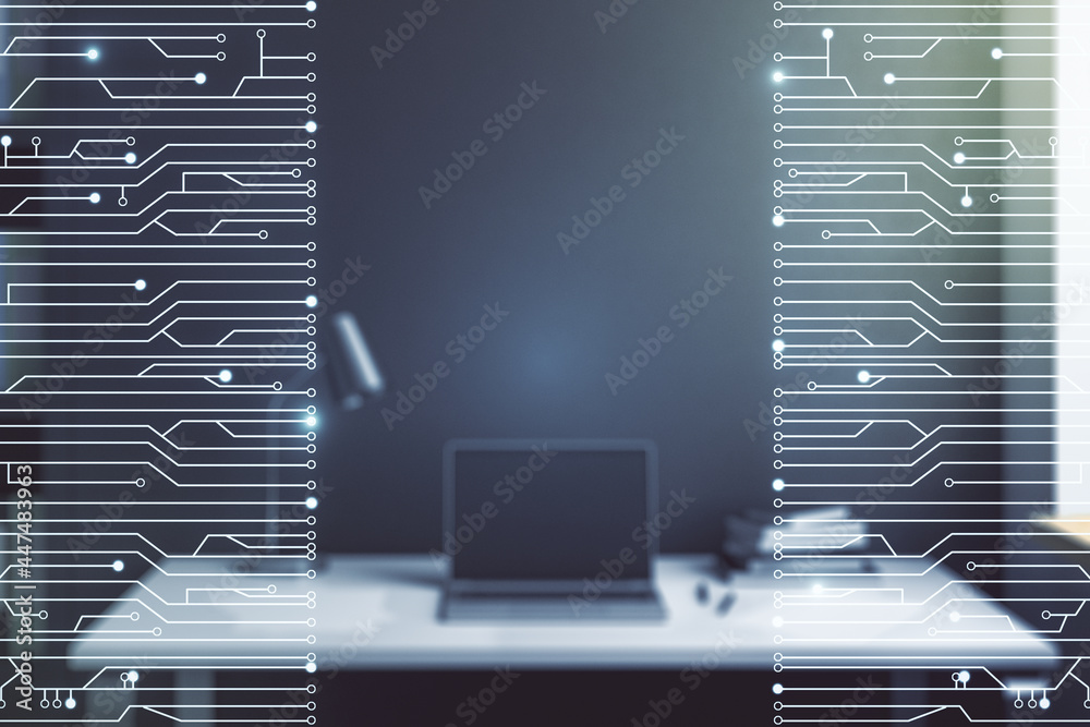 Aufkleber Creative abstract micro chip hologram and modern desktop with pc on background, artificial intelligence and machine learning concept. Multi exposure