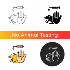 No hamster testing gradient icon. Refusal for animal abuse in lab research. Protecting mice from experiment. Prevent animal cruelty. Linear black and RGB color styles. Isolated vector illustrations