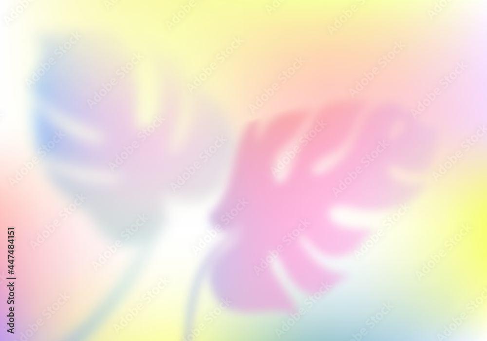 Aufkleber Pastel Holographic Gradient Background with Monstera Leaves. Abstract Bg with Blurred Tropical Elements Overlay