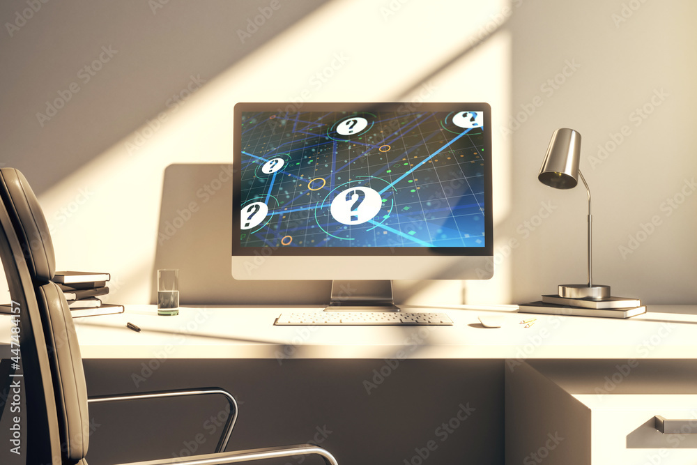 Aufkleber Modern computer monitor with question mark hologram. Sociology and psychology concept. 3D Rendering