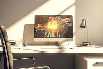 Modern computer monitor with creative artificial Intelligence icon. Neural networks and machine learning concept. 3D Rendering