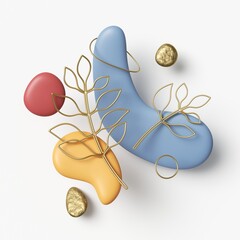 3d render, modern minimal arrangement with assorted geometric shapes and abstract leaves line art made of golden wire