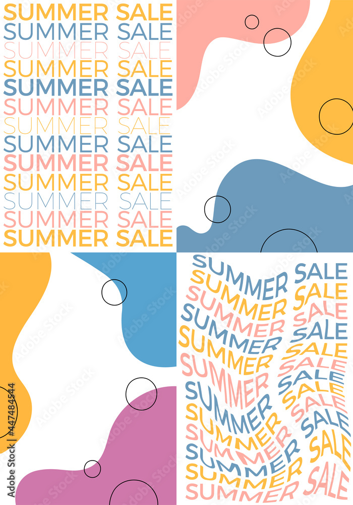 Poster summer sale banner set design. vector advertising illustration with wavy text and bright colorful ba