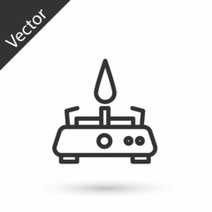 Obraz premium Grey line Camping gas stove icon isolated on white background. Portable gas burner. Hiking, camping equipment. Vector