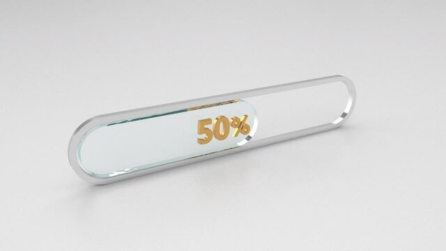 3d Elegant glass loading bar with gold numerals and silver.Growth in process expressed in percentage.Information transfer and download concept.Minimalist animation in crystal with luxury design