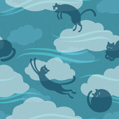 Seamless textured pattern with cats in the night sky with clouds