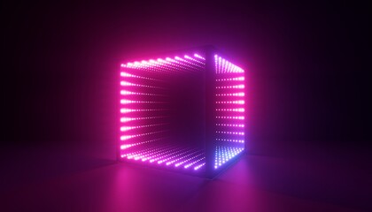 3d render, abstract neon background with cube box. Geometric object glowing in ultraviolet light
