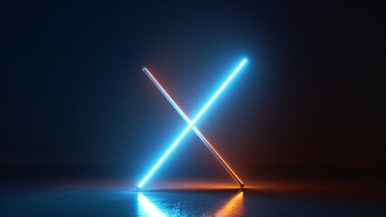 3d render, abstract neon background with crossed lines glowing with bright blue light