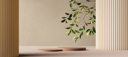 Abstract minimal interior for cosmetic object placement, product display background with tree branch, 3d rendering scene