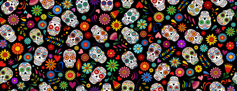 Day of the Dead  skulls pattern. Dia de los muertos print. Day of the dead and  mexican Halloween texture. Mexican tradition  festival. Day of the dead sugar skull isolated. Dia de los Muertos tattoo 