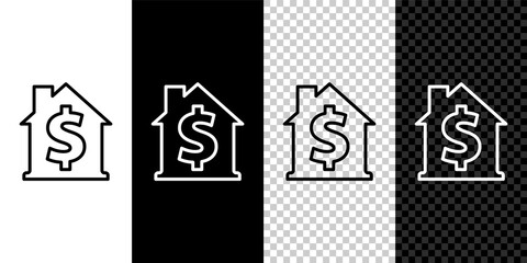 Set line House with dollar symbol icon isolated on black and white background. Home and money. Real estate concept. Vector