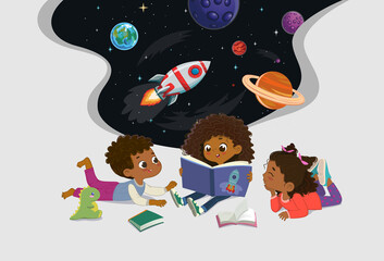 Amazed dark skin kids reading fantasy cosmos book storybook open space galaxy travel by spaceship - 447486344