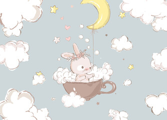 Abstract childish little bunny flying in cup holding half moon on rope vector flat illustration