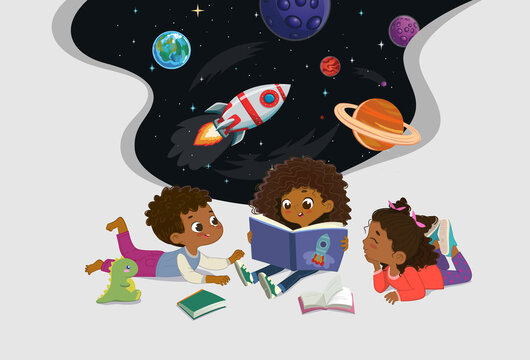 Amazed dark skin kids reading fantasy cosmos book storybook open space galaxy travel by spaceship
