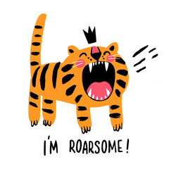 Fototapeta na wymiar Angry tiger in crown roaring vector illustration I'm roarsome childish t shirt print design