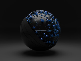 3d illustration of a sphere with lots of small metal balls hovering over it.