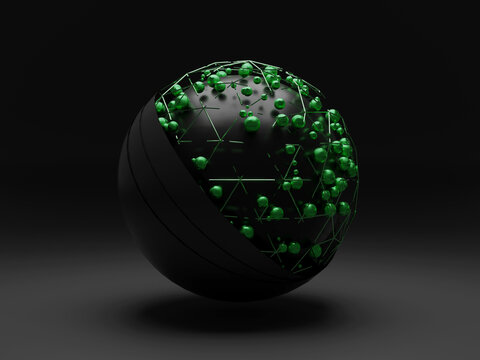 3d illustration of a sphere with lots of small metal balls hovering over it.