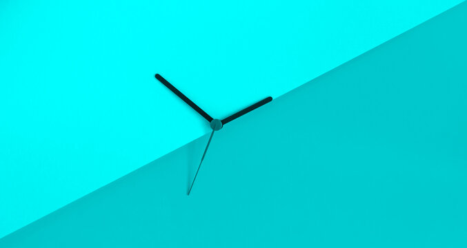 Daylight saving time concept. Clock hands on the monochrome blue color block background. Seasonal time change. Spring time change concept. Copy space.