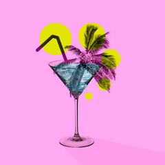 Contemporary art collage, modern design. Party mood. Tropical palm tree in giant martini cocktail...