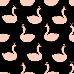 Cute minimalistic seamless pattern with pink swans with crowns on black background. Kids fashion design for fabric or wallpaper.