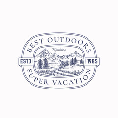 Outdoor Vacation Frame Badge or Logo Template. Hand Drawn Cabin in the Woods and Mountains Landscape Sketch with Retro Typography and Borders. Vintage Sketch Emblem. Isolated
