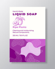 Liquid Soap Package Label Template. Abstract Shapes Camo Background Vector Cover. Cosmetics Packaging Design. Modern Typography and Hand Drawn Plums Fruit Sketch. Isolated