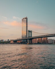 View of the Manhattan Bridge and East River at sunset, from Dumbo, Brooklyn, New York City