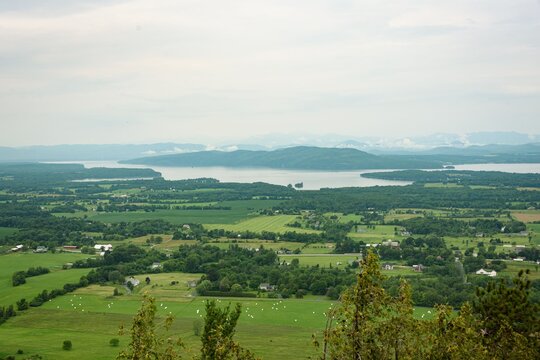 View of Lake Champlain and farmland, from Mt. Philo State Park, in Vermont