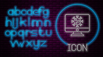 Glowing neon line Virus statistics on monitor icon isolated on brick wall background. Corona virus 2019-nCoV. Bacteria and germs, cell cancer, microbe, fungi. Neon light alphabet. Vector.