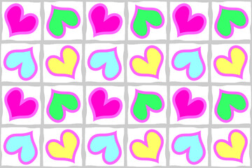 seamless wallpaper with small hearts in cute squares arranged in various colors on a white background