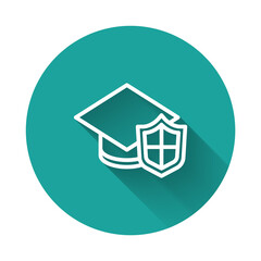 White line Graduation cap with shield icon isolated with long shadow. Insurance concept. Security, safety, protection, protect concept. Green circle button. Vector.