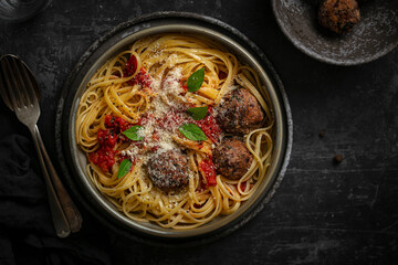 Assiette de spaghetti à la sauce tomate, basilic et boulettes de viande végétale