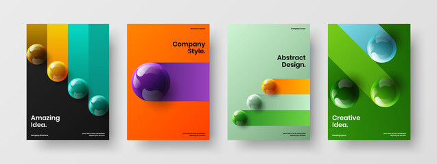 Abstract 3D balls journal cover concept bundle. Multicolored presentation A4 vector design illustration set.