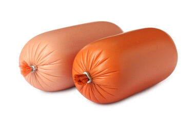 Different tasty boiled sausages on white background © New Africa