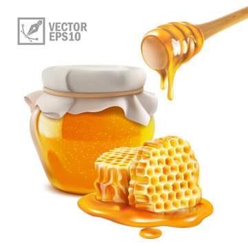 3d realistic isolated vector honey jar and stick with liquid honey flowing on honeycomb pieces in a puddle
