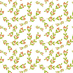 Floral seamless pattern with mistletoe branches on a white background.