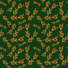 New Year seamless pattern with mistletoe branches on a green background.