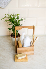 Ecologic dish washing concept. Natural sponghes,wooden box,ecofriendly lifestyle