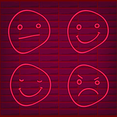 Set of Red emoticon light neon effect emoji smiley character lamp glow isolated