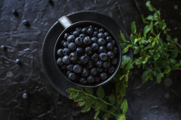 blueberries in a cup, black background