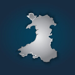 Wales map 3D metallic silver with chrome, shine gradient on dark blue background. Vector illustration EPS10.